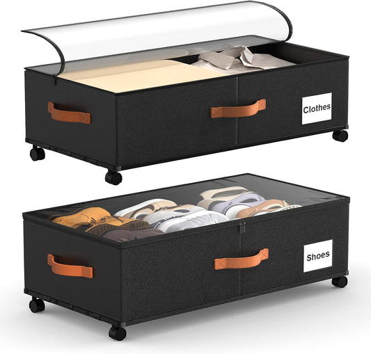 Eastherry Under Bed Storage Containers with Wheels, 9.5 inches Higher Underbed Shoes Blankets Clothes Toy Storage Drawers for College Dorms Bedrooms Nursery Rooms Organization, 2 Pack to be Assembled