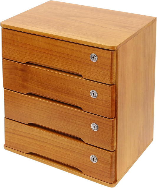 Wood Desk Organizer with 4 Drawers, Lockable Desktop Countertop Storage Cabinet for Home Office Supplies File Tabletop Storage Box, 15.75" x 11.02" x 15.94" (Brown)