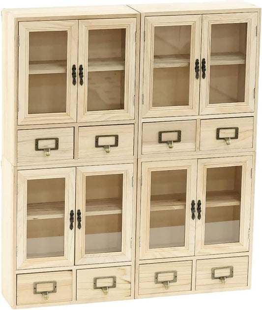 Stackable Apothecary Expandable Wooden Display Small Cabinet Cupboard with Drawers I Glass Door Storage Organizer with Label Holders I Customizable Desktop Storage for Collectibles & Essentials