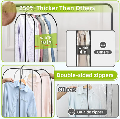 LANDNEOO 6 Pack Clear Garment Bags for Hanging Clothes with Zippers on Double Sides - 10'' Clothes Storage for Coat, Dress, and Fur in Closet - 40'' Long Suit Bags