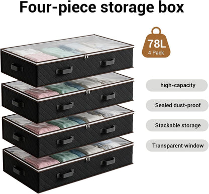 4 Pack Underbed Storage Boxes, Storage Bags with Zipper, Black
