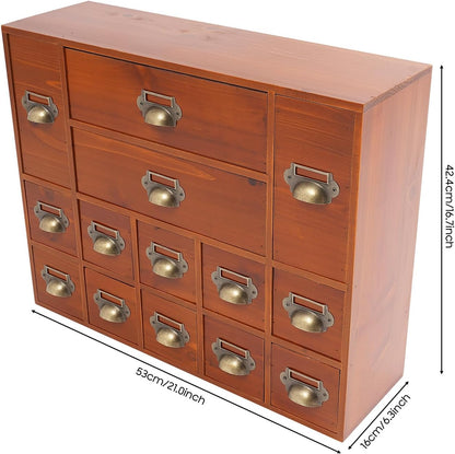 14 Drawers Apothecary Drawers Card Catalog Cabinet,Wooden Storage Box with Drawers,Library Card Catalog Cabinet for Desktop Organizer,Brown