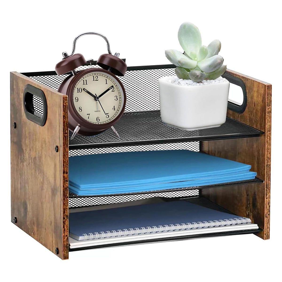 Wood Desk Organizer - 3-Tier Desktop File Organizer with Drawer, Wooden Paper Tray, Office Desk Organzier and Accessories for Papers, Mail, Notebooks, Stationery