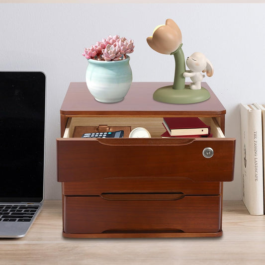 Wood Desk Organizer with 3 Drawers, Lockable Desktop Countertop Storage Cabinet for Home Office Supplies File Tabletop Storage Box, 15.35" x 11.81" x 12.2" (Dark Brown)