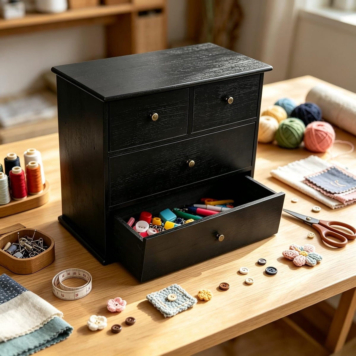 Wooden Drawers Oak Desk Organizer with Drawers，Black