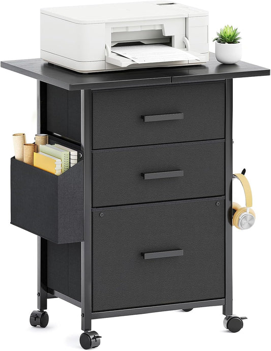 Mexin 3 Drawer File Cabinet with 22'' Extended Desktop, Mobile Filing Cabinet, Printer Stand, Rolling Printer Stand with Side Bag, Fabric Drawer, Fits A4 Size, Home Office, Black