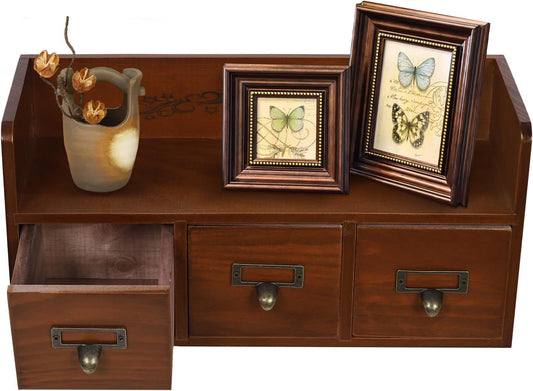 Desktop Organizer 3 Drawers, Retro Wooden Desk Storage Cabinet Office Home