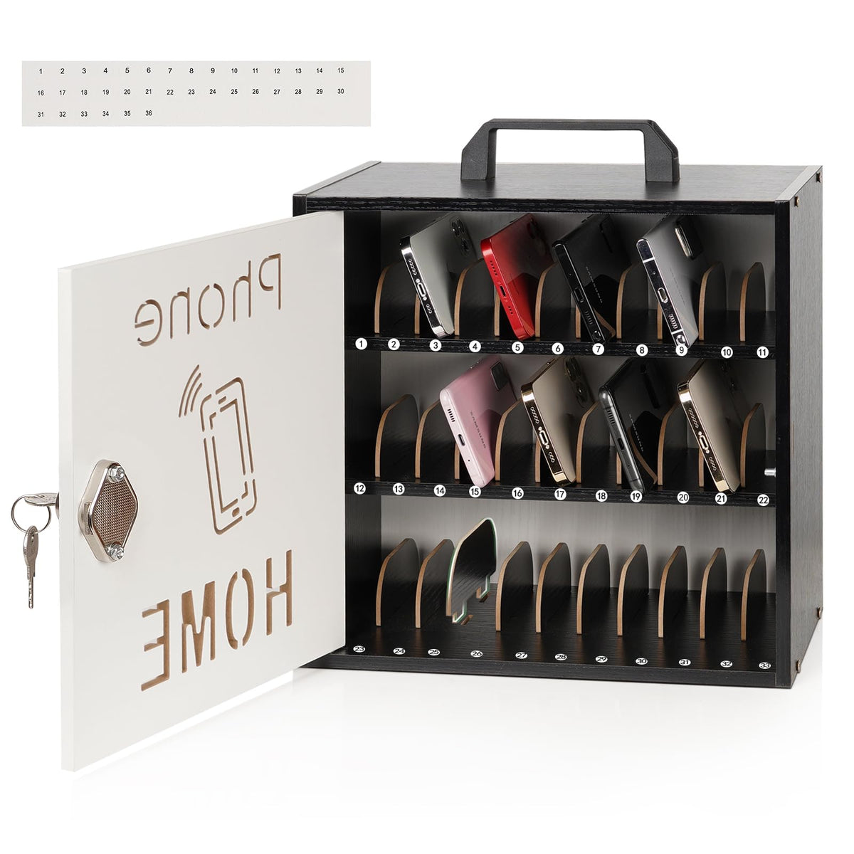 Wooden Phone Lock Box,Adjustable 33 Slots Cell Phone Holder Classroom