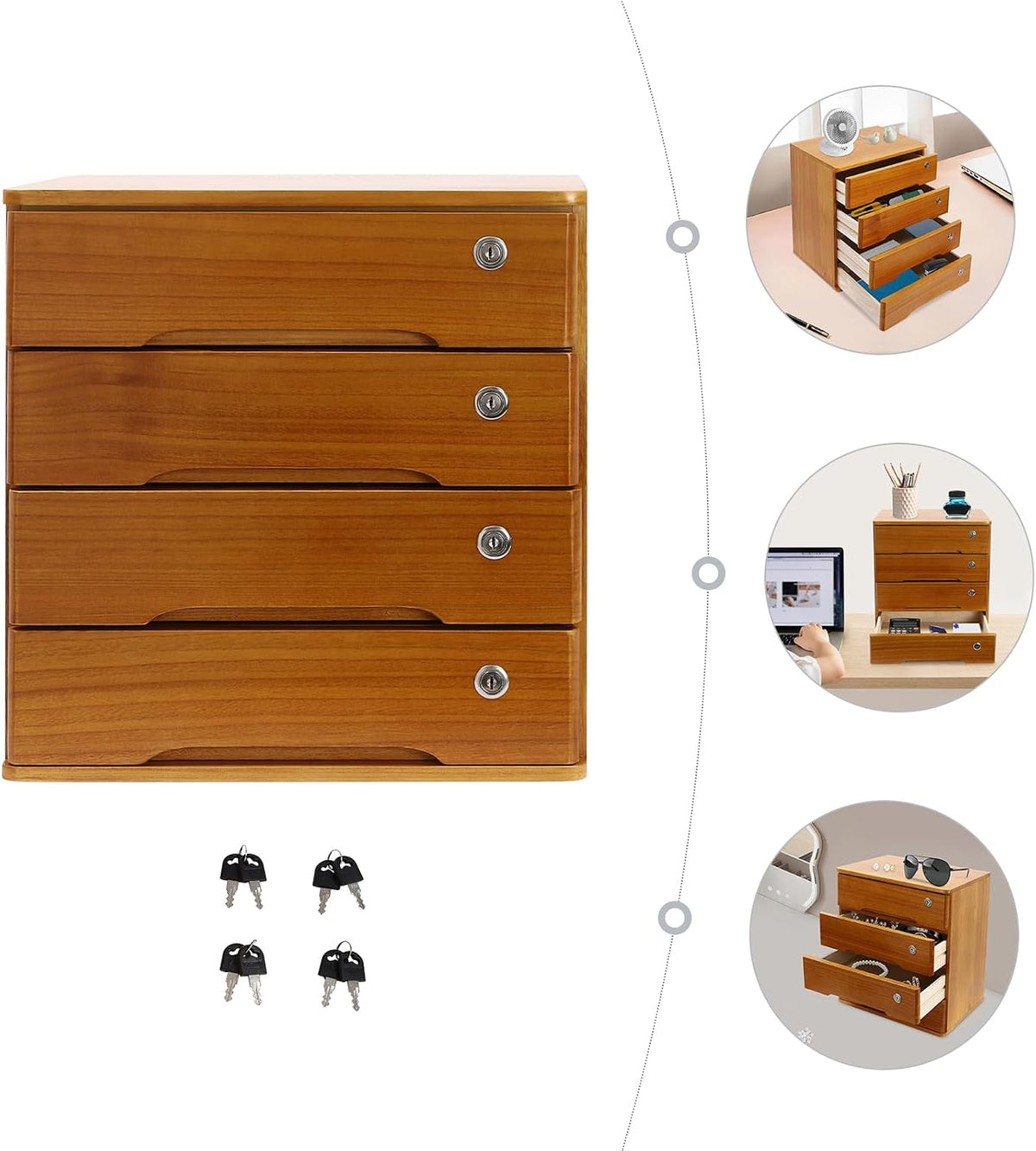 Wood Desk Organizer with 4 Drawers, Lockable Desktop Countertop Storage Cabinet for Home Office Supplies File Tabletop Storage Box, 15.75" x 11.02" x 15.94" (Brown)