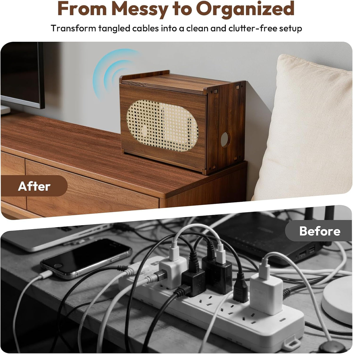 Wooden Wi-Fi Router Box Hider, Rattan Tabletop Cable Management Cabinet to Hide Modem & Cords, Fits Routers up to 11" H, Easy Assembly, 16"x10.4"x12"