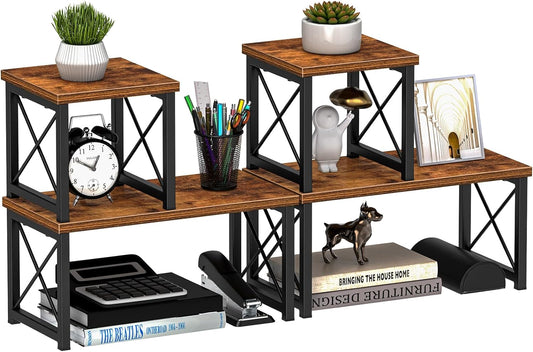Honiter 2 Sets Desk Shelf, Desktop Organizer Shelf, 2 Tier Independent Stackable Desktop Shelves, Desktop Office Storage Rack Display Shelf