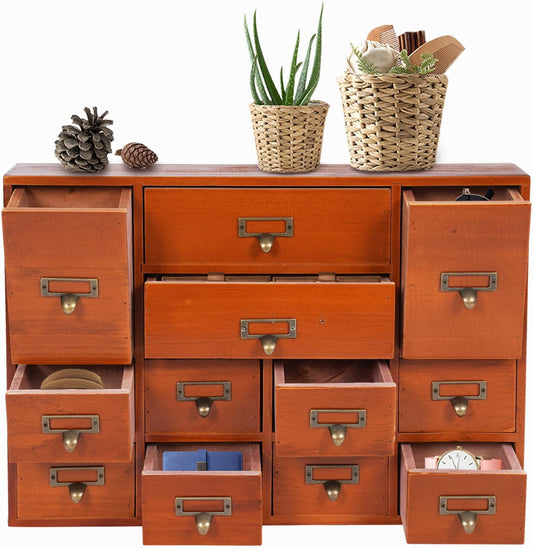 12 Wooden Drawers Storage Organizer Card Catalog Cabinet with Label Holders and Handles Apothecary Cabinet Desktop Storage Box for Office, Home, Dorm (Brown)