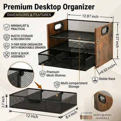 Wood Desk Organizer - 3-Tier Desktop File Organizer with Drawer, Wooden Paper Tray, Office Desk Organzier and Accessories for Papers, Mail, Notebooks, Stationery