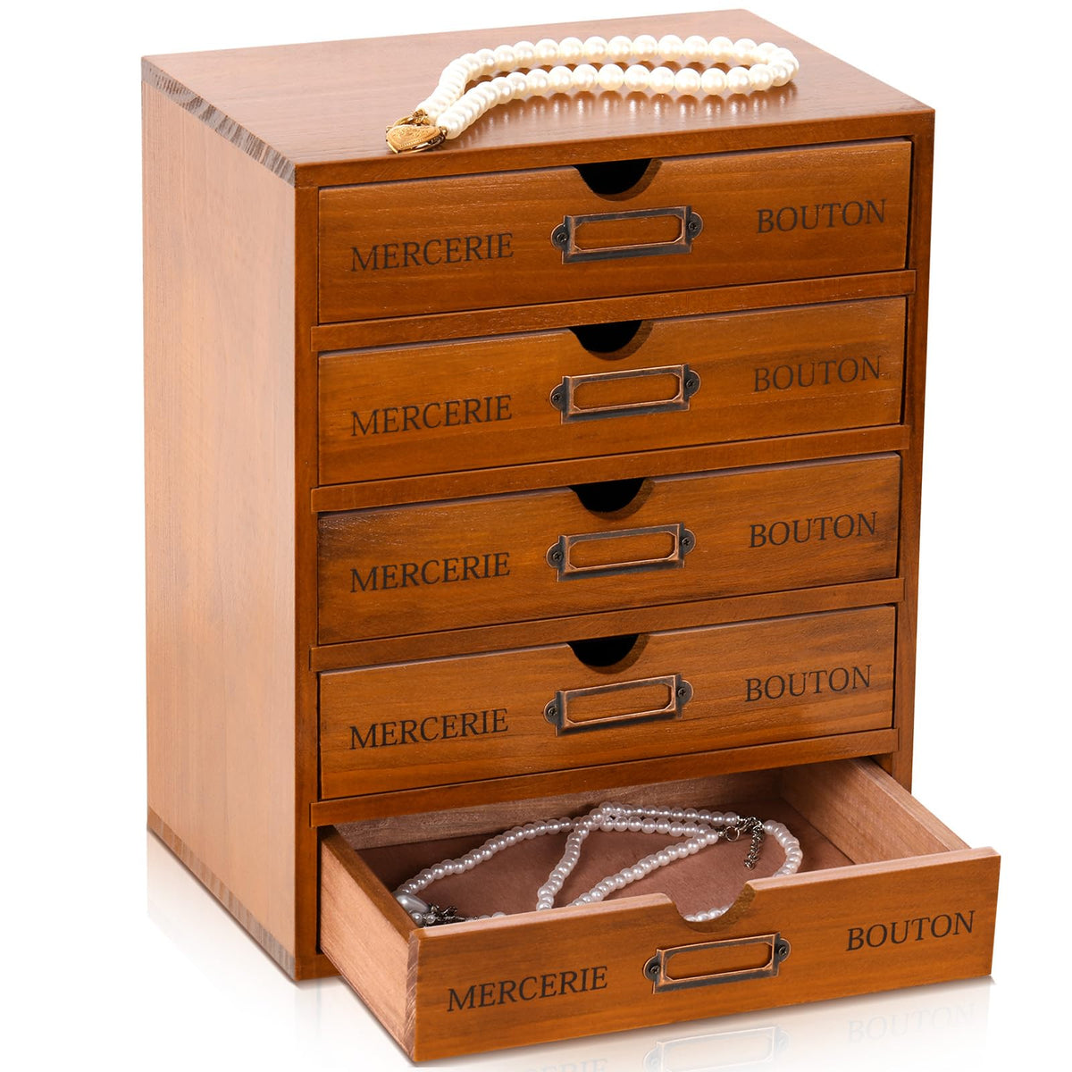 Wesiti Wooden Desk Organizer, 4 Drawers, Vintage Makeup Cabinet, Brown