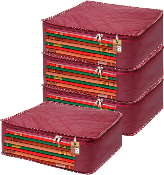 atorakushon Fabric Foldable Saree Covers Garments Clothes Storage Bag Wardrobe Organizers With Double Zip Lock For Lehenga Suit Dress Accessories 4 Pieces Maroon