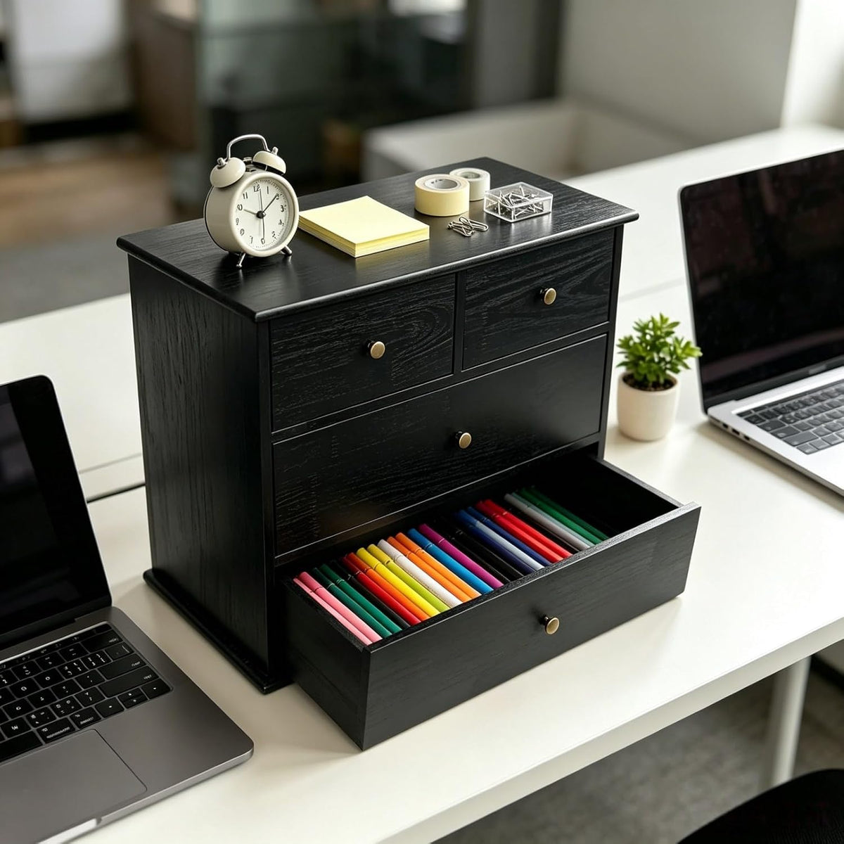 Wooden Drawers Oak Desk Organizer with Drawers，Black