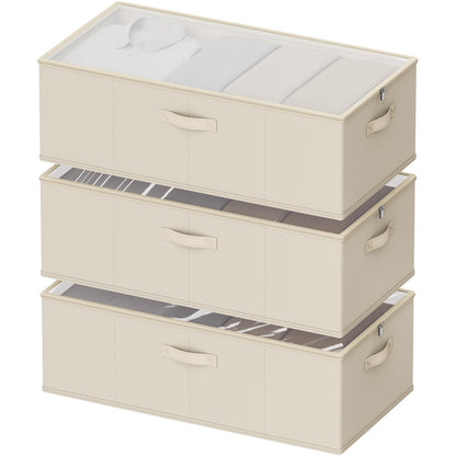 10inch 3 Pack Under Bed Storage Containers, 10 Inch Tall Underbed Clothes Storage Organizer Bin with Clear Window，Foldable Box Basket for Clothes, Closet, Bed Sheets and Blankets Beige