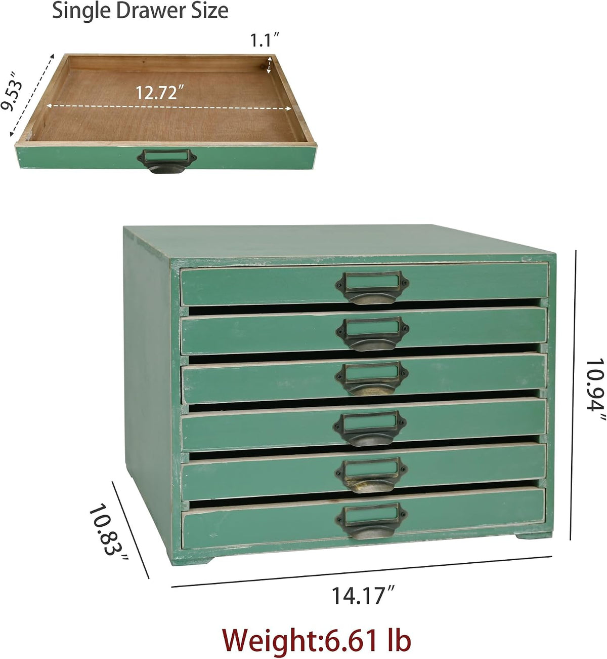 Wooden Desktop Organizer Cabinet with 6-Drawer Rustic Wood Shelf Drawer Antique Card Catalog Cabinet Distressed Decor Jewelry Cosmetics Craft Paper Storage Box for Home Office (Green)