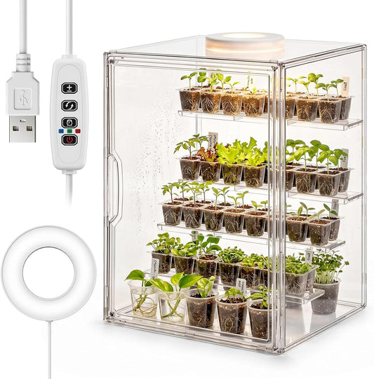Novabright Mini Greenhouse Indoor with Grow Light Clear Acrylic Plant Cabinet, Tabletop Indoor Greenhouse Kit DUSB White & Warm Light for Succulents, Herbs(with Dividers)