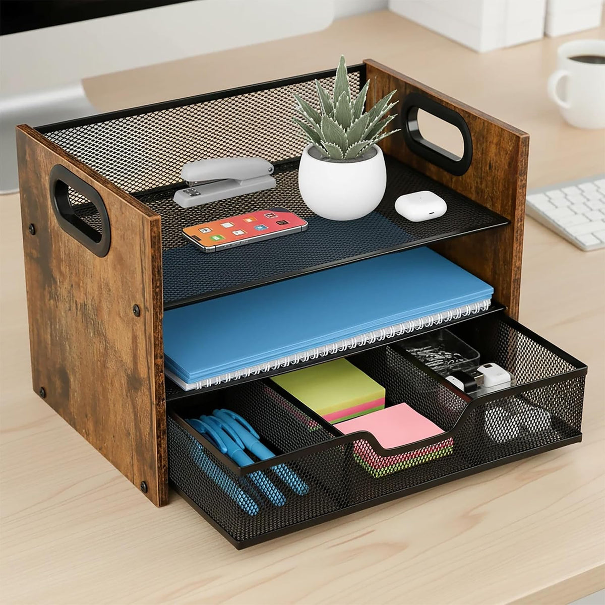 Wood Desk Organizer - 3-Tier Desktop File Organizer with Drawer, Wooden Paper Tray, Office Desk Organzier and Accessories for Papers, Mail, Notebooks, Stationery