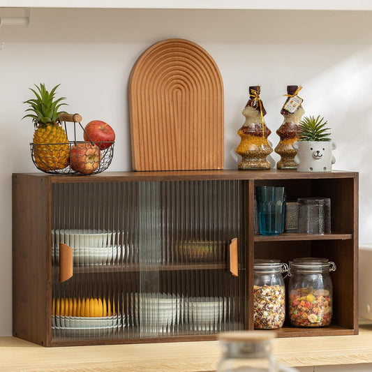 Tiita Walnut Countertop Pantry Cabinet, Bamboo Storage with Glass Doors