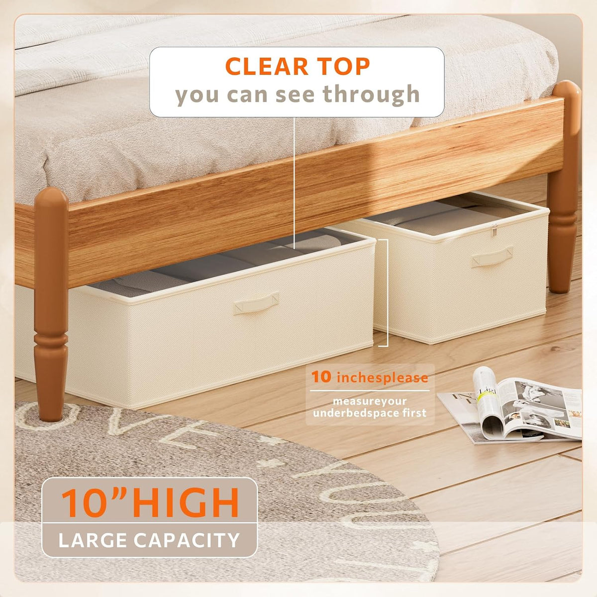 10inch 3 Pack Under Bed Storage Containers, 10 Inch Tall Underbed Clothes Storage Organizer Bin with Clear Window，Foldable Box Basket for Clothes, Closet, Bed Sheets and Blankets Beige