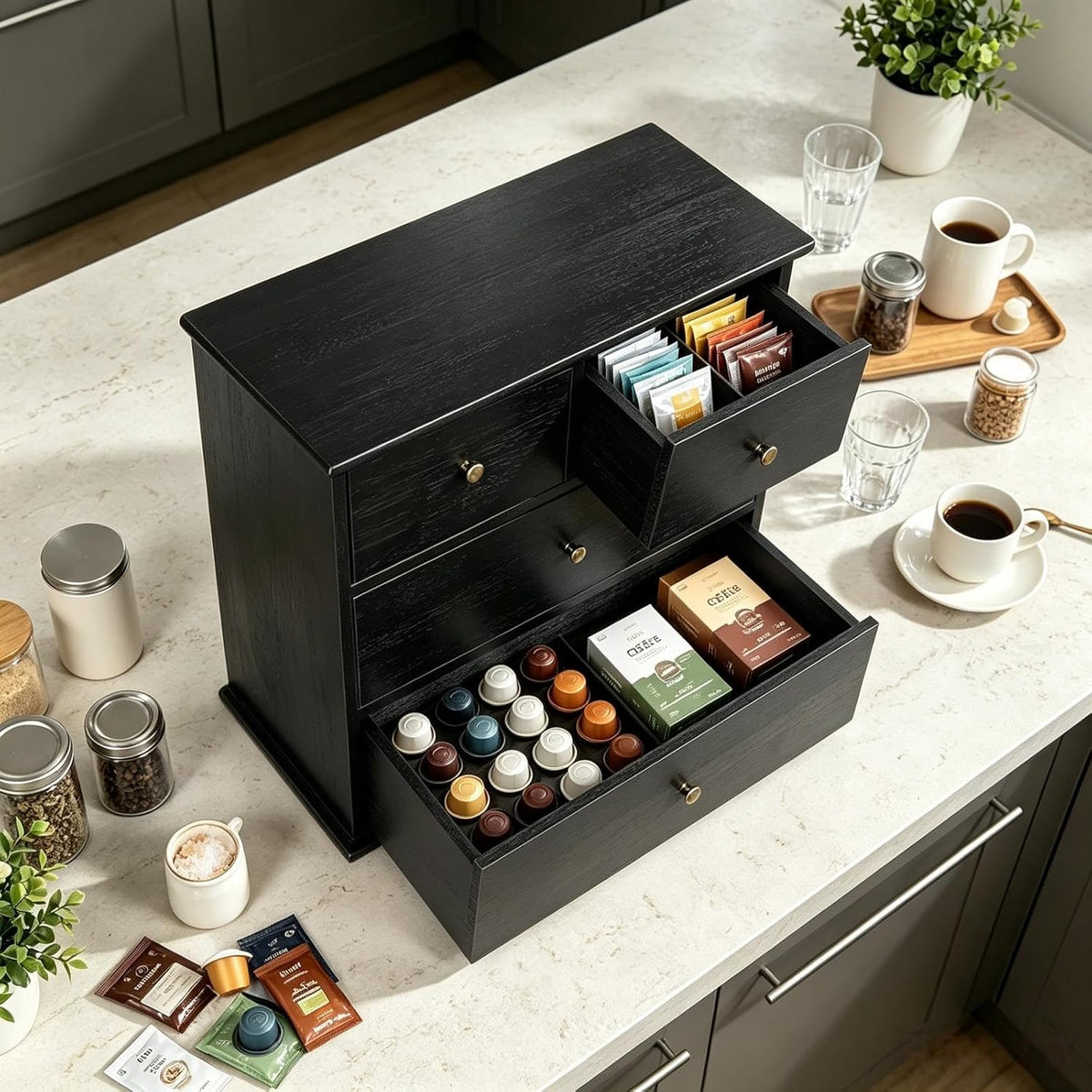 Wooden Drawers Oak Desk Organizer with Drawers，Black