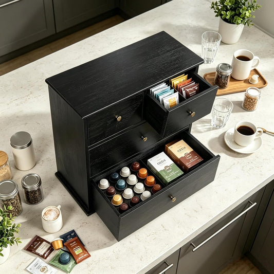 Wooden Drawers Oak Desk Organizer with Drawers，Black