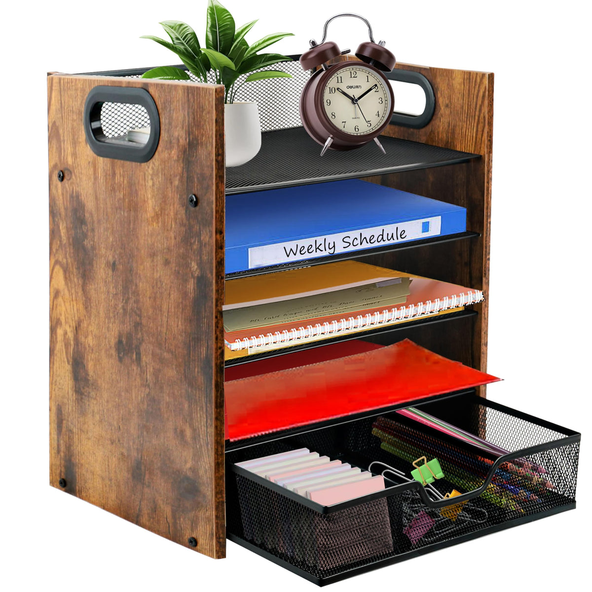 Wood Desk Organizer - 3-Tier Desktop File Organizer with Drawer, Wooden Paper Tray, Office Desk Organzier and Accessories for Papers, Mail, Notebooks, Stationery