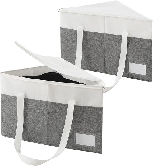 2-Pack Rigid Hanger Organizer Bags with Lid, Triangle Hanger Storage Organizers for Closet, Laundry Room, Wardrobe, Drying Rack, Dustproof Space Saving Holder, Grey & White
