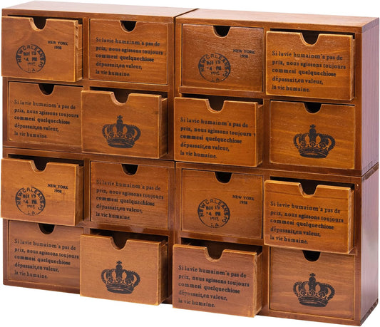 Modular Stackable Set of 4 Mahogany Brown Wood Storage Drawers for Desktop - 16-Drawer Stackable Desk Organizers - Vintage Style Office & Study Table Wooden Storage Boxes, Fully Assembled