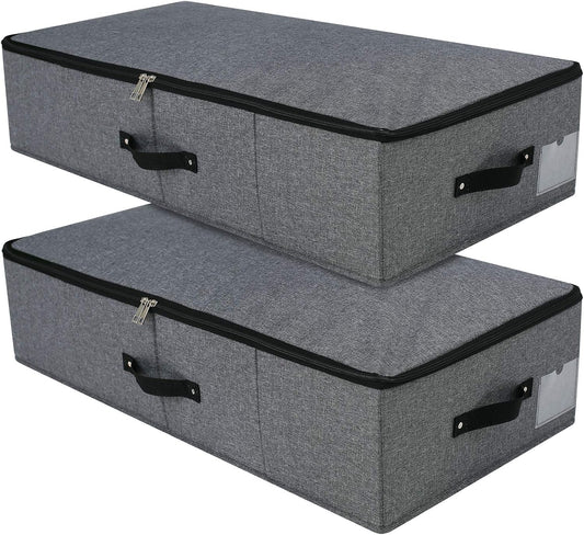 Under Bed Storage Bins with Lids, Closet Organizers, Foldable Under-bed Storage Baskets for Sheets, Clothes, Quilts, Sweaters, Wrapping Paper, 29x15x7inch, Black Gray, 2PCS