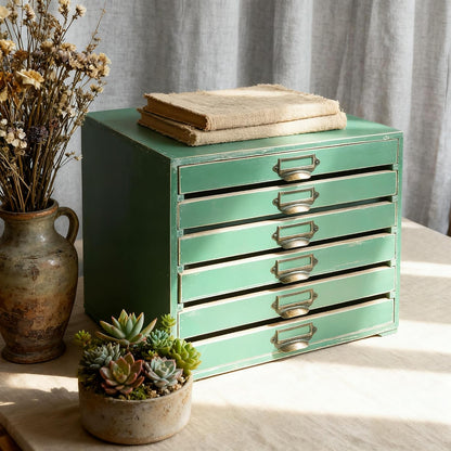 Wooden Desktop Organizer Cabinet with 6-Drawer Rustic Wood Shelf Drawer Antique Card Catalog Cabinet Distressed Decor Jewelry Cosmetics Craft Paper Storage Box for Home Office (Green)