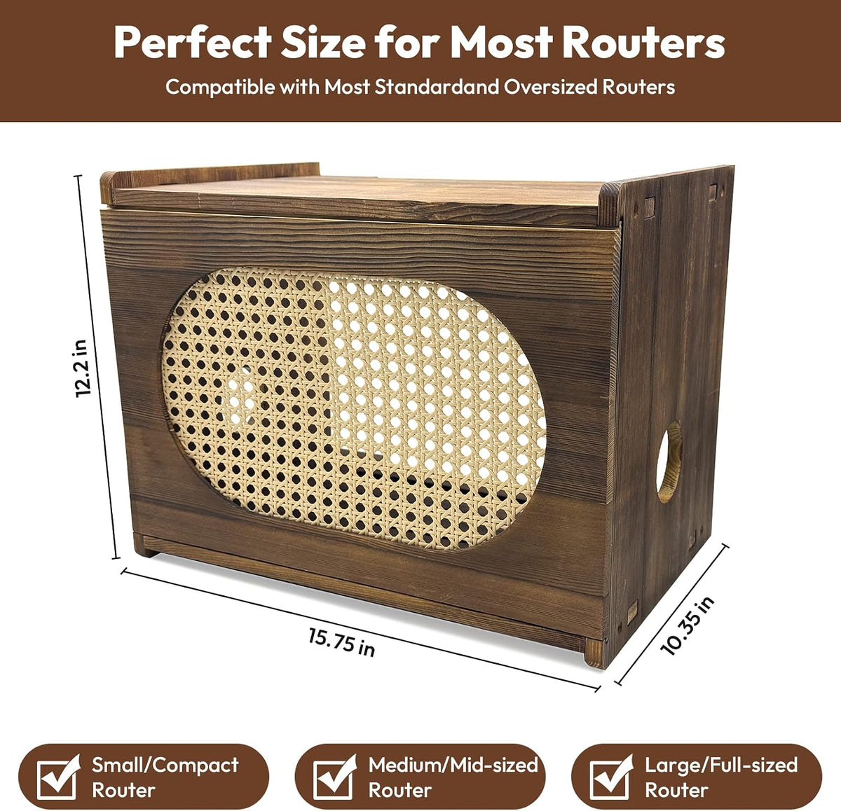 Wooden Wi-Fi Router Box Hider, Rattan Tabletop Cable Management Cabinet to Hide Modem & Cords, Fits Routers up to 11" H, Easy Assembly, 16"x10.4"x12"