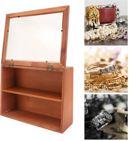 Wooden Display Cabinet with Glass Doors | Freestanding Curio Cabinet for Collectibles & Mini Figures | Desktop Organizer with Display Case for Cosmetics, Jewelry, Pastries & Po p Figures