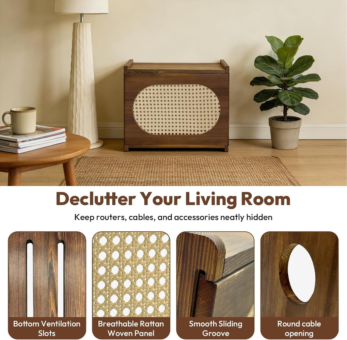 Wooden Wi-Fi Router Box Hider, Rattan Tabletop Cable Management Cabinet to Hide Modem & Cords, Fits Routers up to 11" H, Easy Assembly, 16"x10.4"x12"
