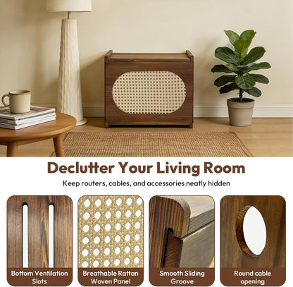 Wooden Wi-Fi Router Box Hider, Rattan Tabletop Cable Management Cabinet to Hide Modem & Cords, Fits Routers up to 11" H, Easy Assembly, 16"x10.4"x12"