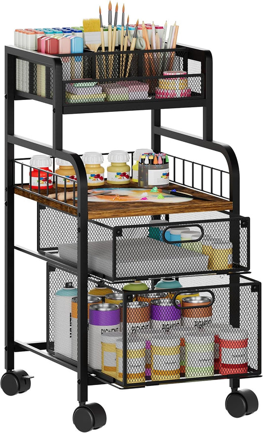 SWTYMIKI Art Cart with Drawers, Rolling Craft Cart with DIY Dividers & Wood Shelf - Mobile Art Supply Organizer for Artists, Students & Small Space, Heavy-Duty Metal, Lockable Wheels Espresso