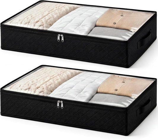 Fixwal Black Underbed Storage Bags with Clear Window and 2 Reinforced Handles Under Bed Storage Containers for Clothing, Bedding, Comforter (2 Pack)