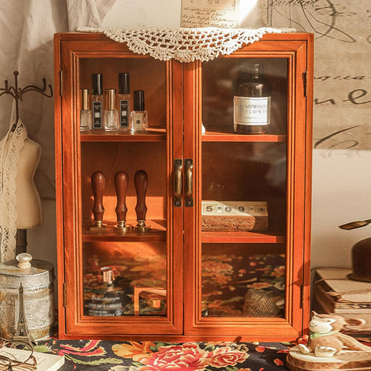 3 Tier Tabletop Storage Cabinet,Wooden Apothecary Cabinets with 2 Acrylic Doors,Desktop Display Cupboard,Brown