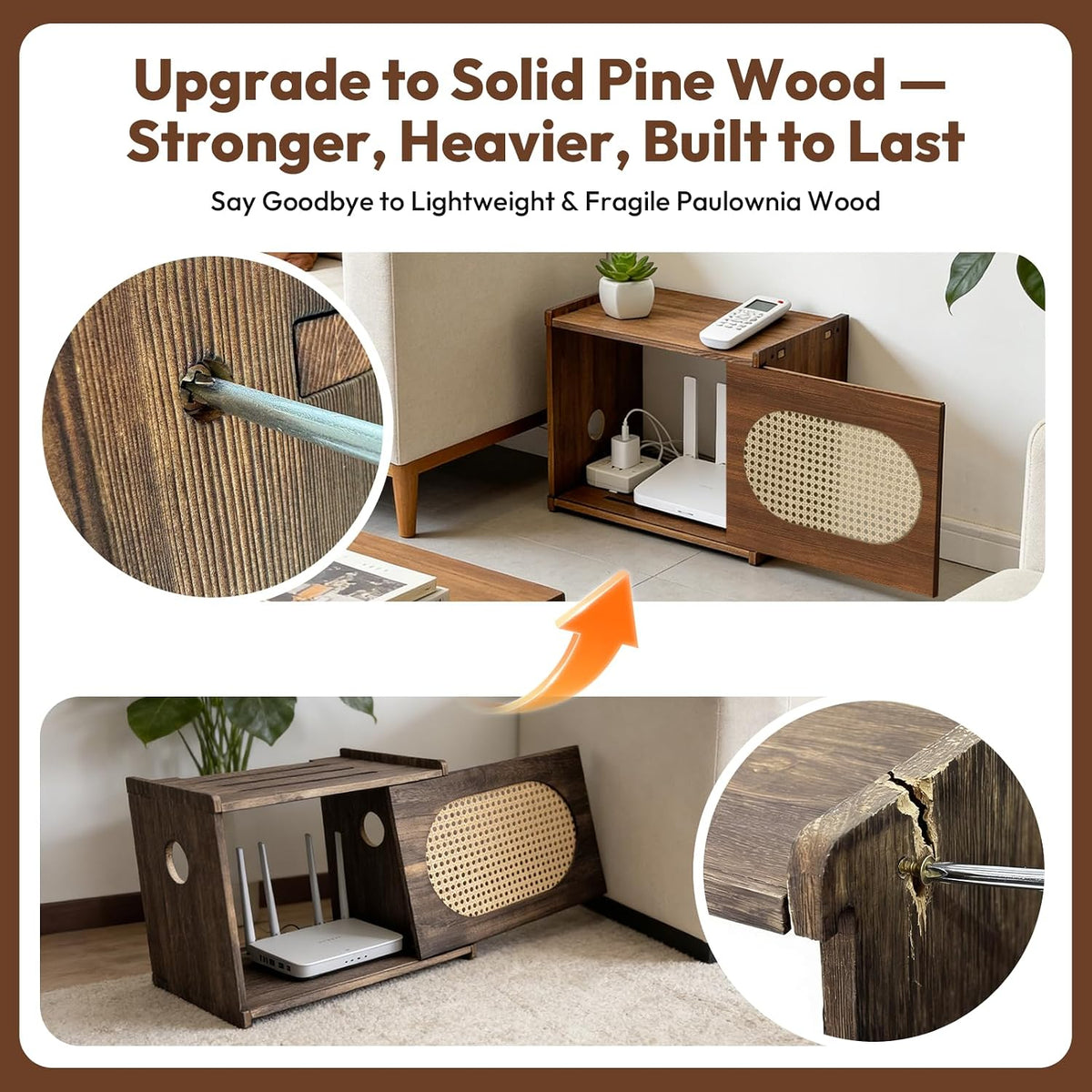 Wooden Wi-Fi Router Box Hider, Rattan Tabletop Cable Management Cabinet to Hide Modem & Cords, Fits Routers up to 11" H, Easy Assembly, 16"x10.4"x12"