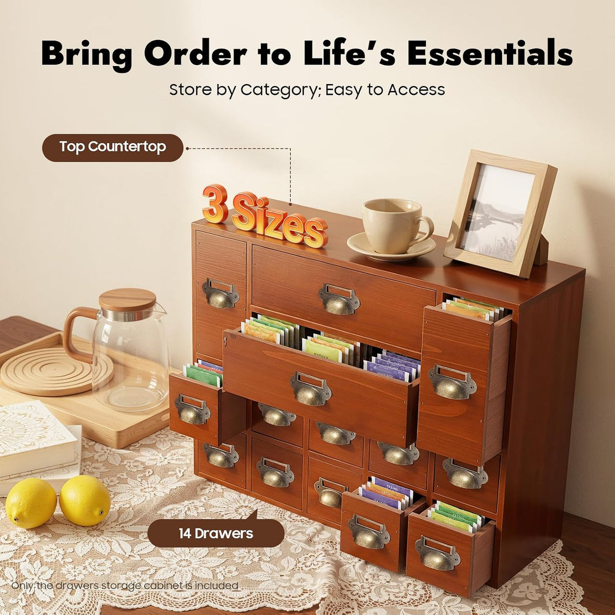 14 Drawers Apothecary Drawers Card Catalog Cabinet,Wooden Storage Box with Drawers,Library Card Catalog Cabinet for Desktop Organizer,Brown