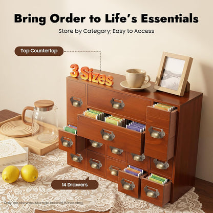 14 Drawers Apothecary Drawers Card Catalog Cabinet,Wooden Storage Box with Drawers,Library Card Catalog Cabinet for Desktop Organizer,Brown
