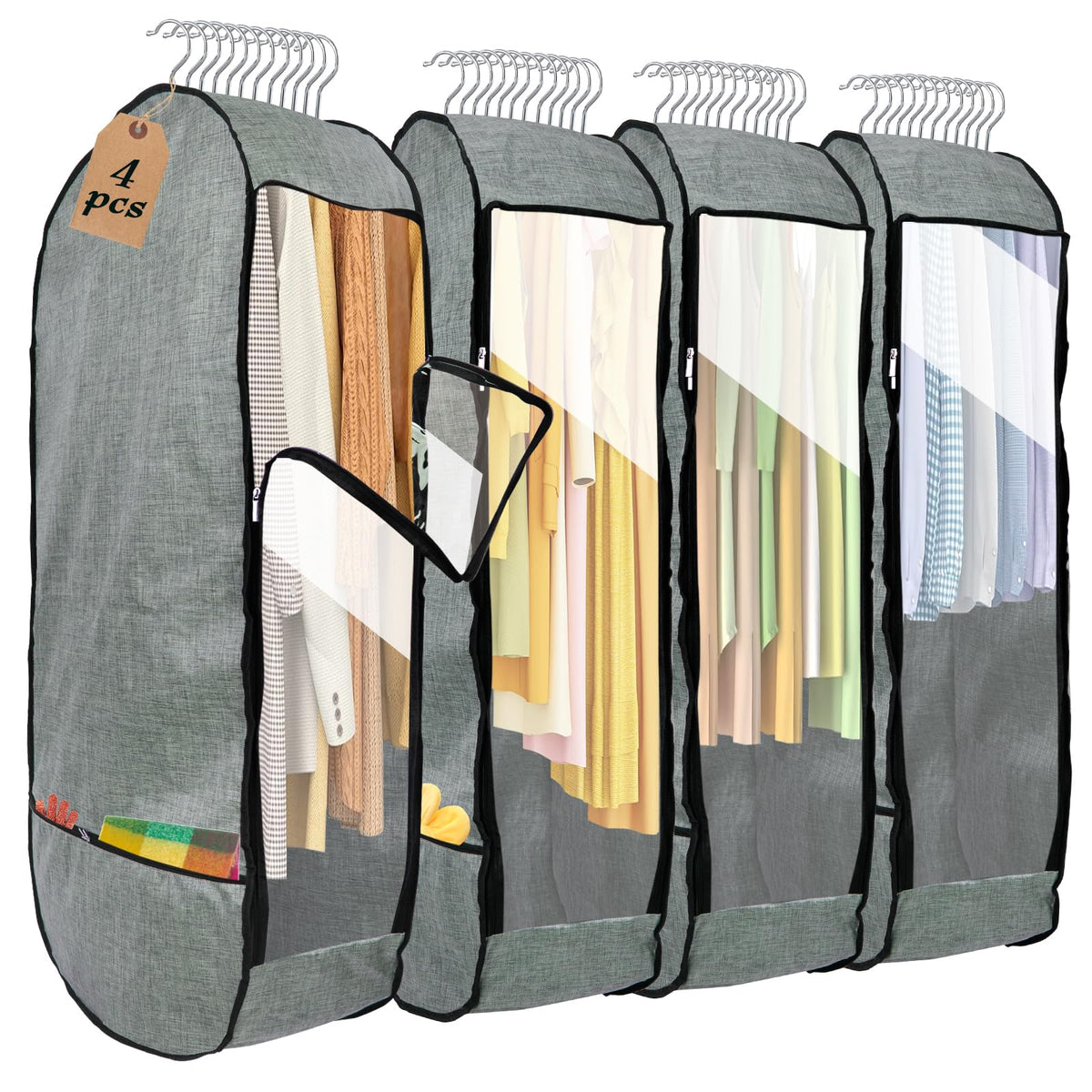 4PCS Garment Bags for Hanging Clothes,Chakera Large Breathable Garment Bag for Closet Storage with 10”Gusseted,Clear Clothing Storage Garment Cover for Dress Sweater with Double Zipper,Grey