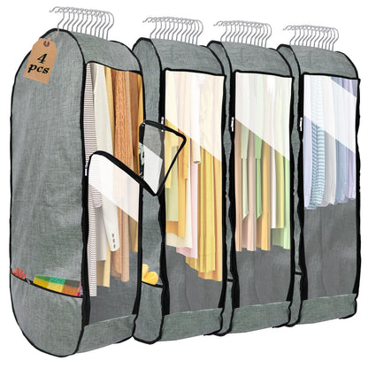 4PCS Garment Bags for Hanging Clothes,Chakera Large Breathable Garment Bag for Closet Storage with 10”Gusseted,Clear Clothing Storage Garment Cover for Dress Sweater with Double Zipper,Grey