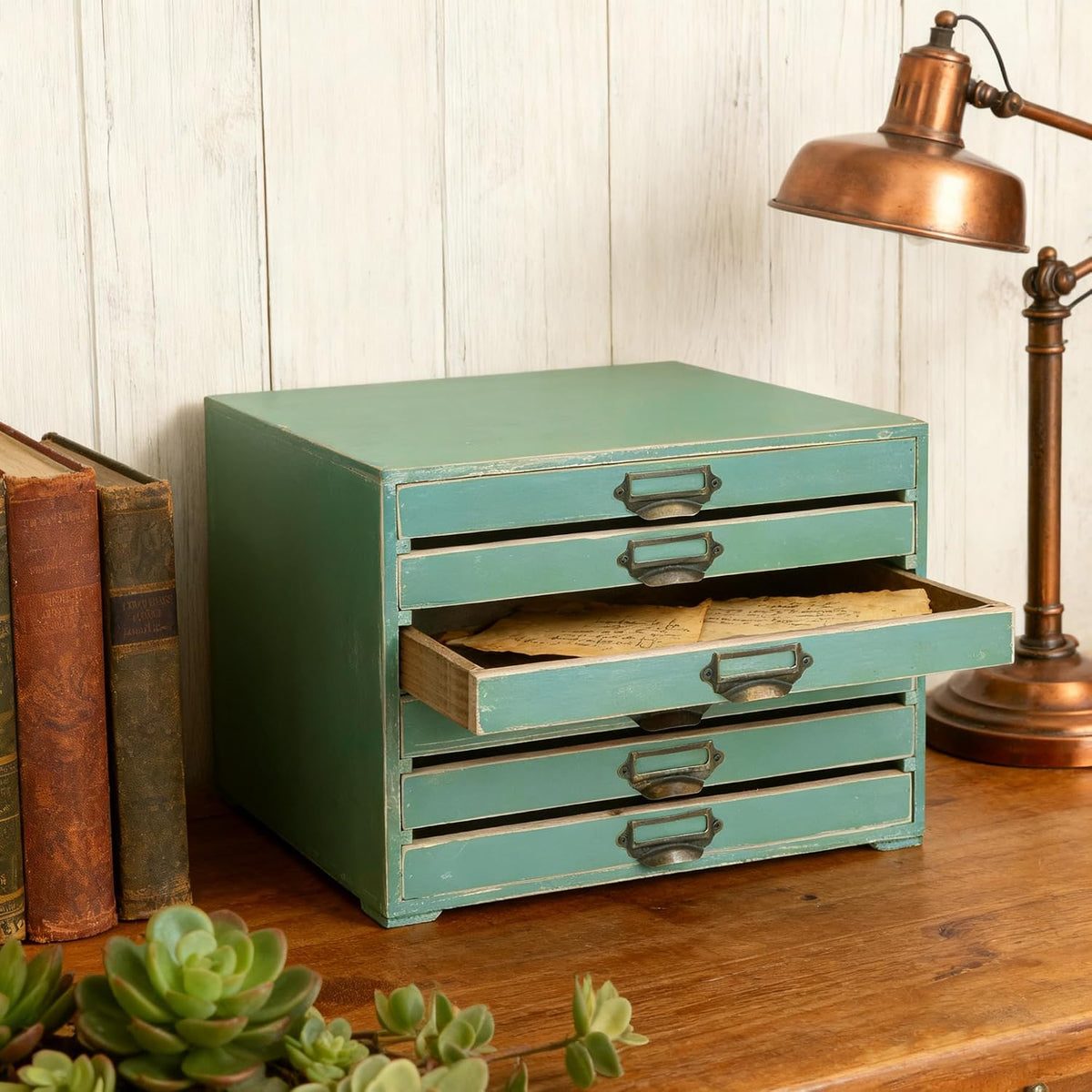Wooden Desktop Organizer Cabinet with 6-Drawer Rustic Wood Shelf Drawer Antique Card Catalog Cabinet Distressed Decor Jewelry Cosmetics Craft Paper Storage Box for Home Office (Green)