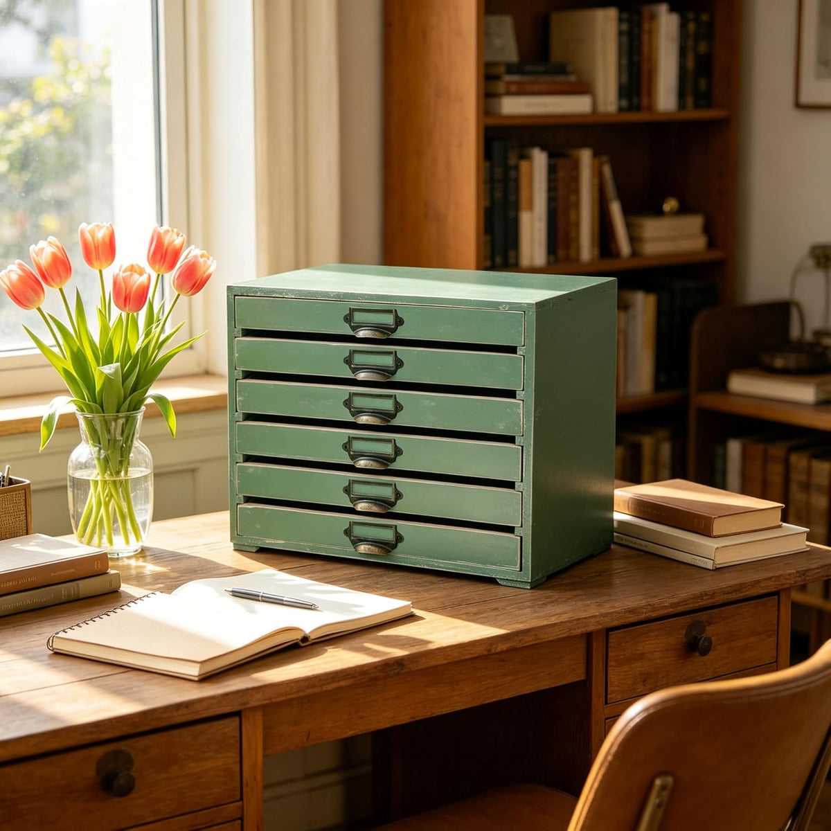 Wooden Desktop Organizer Cabinet with 6-Drawer Rustic Wood Shelf Drawer Antique Card Catalog Cabinet Distressed Decor Jewelry Cosmetics Craft Paper Storage Box for Home Office (Green)