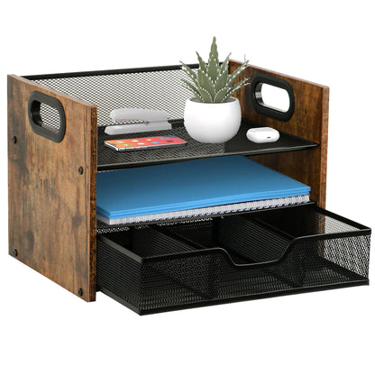Wood Desk Organizer - 3-Tier Desktop File Organizer with Drawer, Wooden Paper Tray, Office Desk Organzier and Accessories for Papers, Mail, Notebooks, Stationery