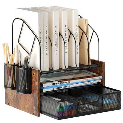 Wood Desk Organizer - 3-Tier Desktop File Organizer with Drawer, Wooden Paper Tray, Office Desk Organzier and Accessories for Papers, Mail, Notebooks, Stationery
