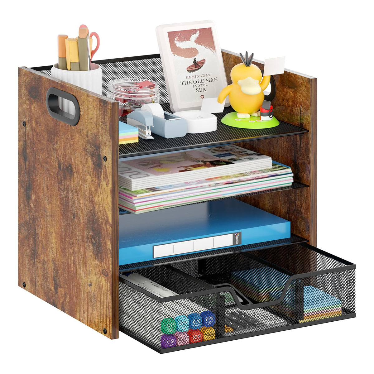 Wood Desk Organizer - 3-Tier Desktop File Organizer with Drawer, Wooden Paper Tray, Office Desk Organzier and Accessories for Papers, Mail, Notebooks, Stationery